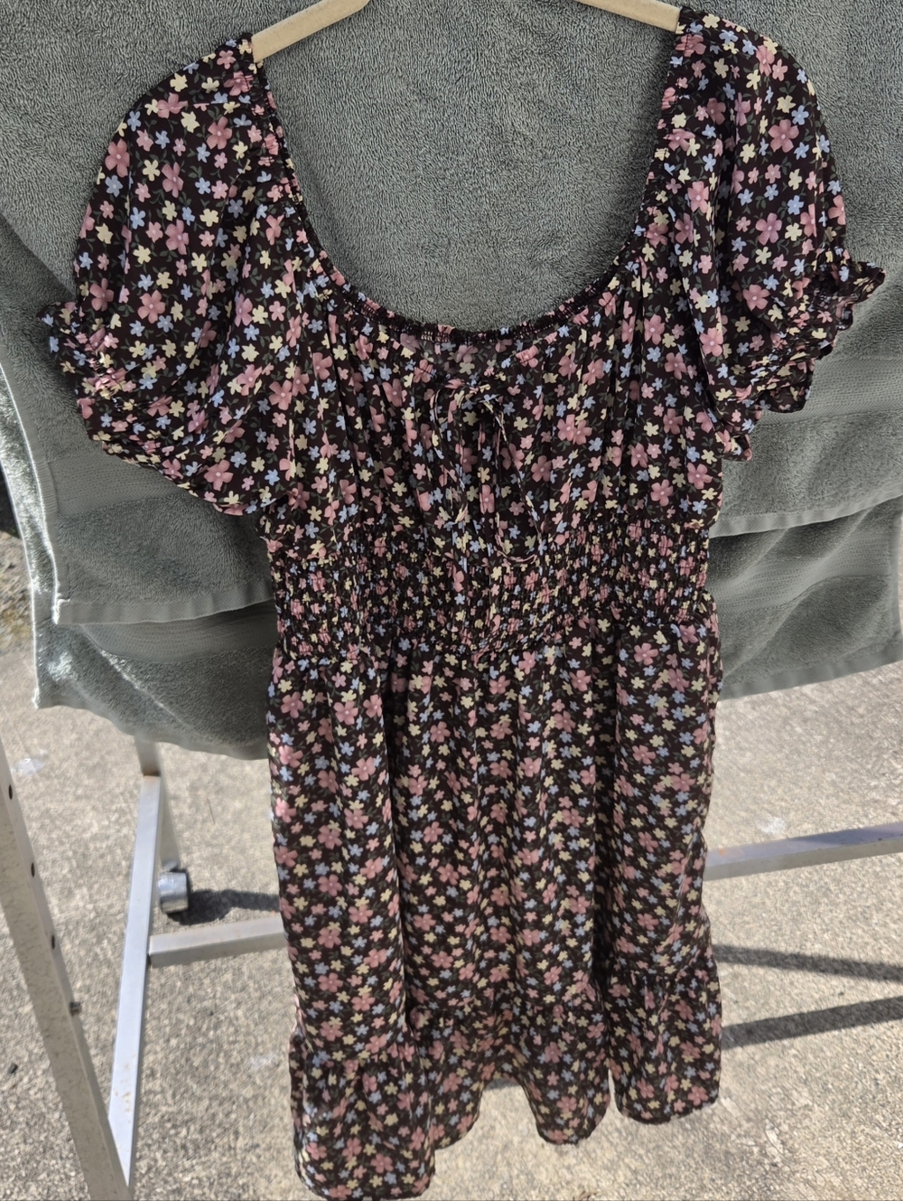 Floral Smocked Brown Mini Dress with Pink & Blue Flowers